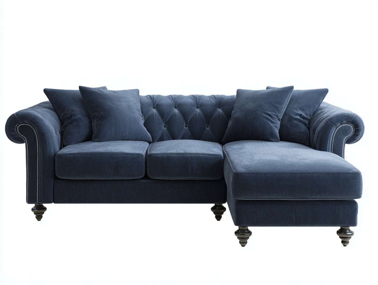 Canapé d'angle en velours 285x165x82 cm - bleu nuit - dossier capitonné et méridienne intégrée