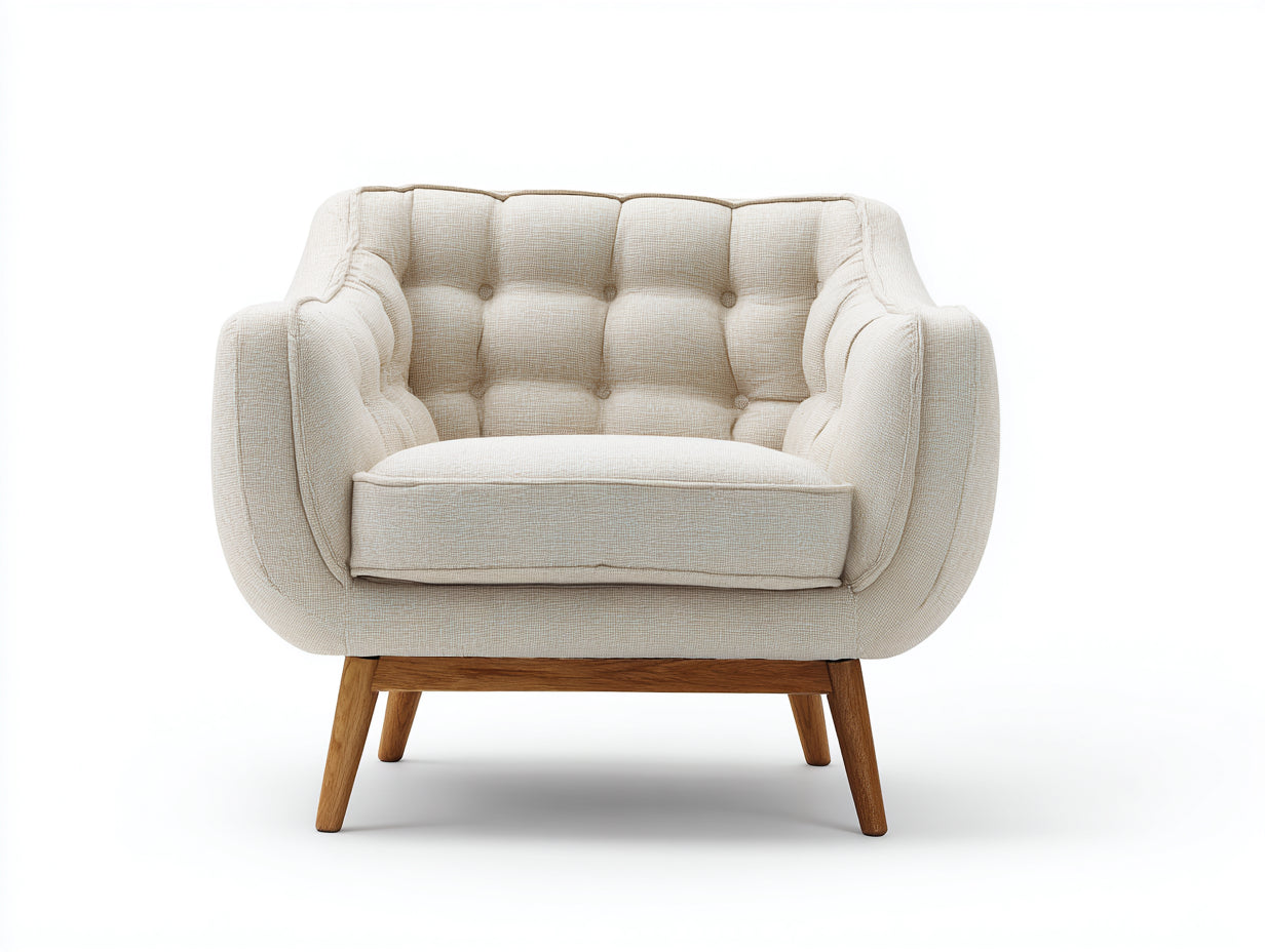 Fauteuil en tissu 90x80x83 cm - écru et bois naturel - dossier capitonné