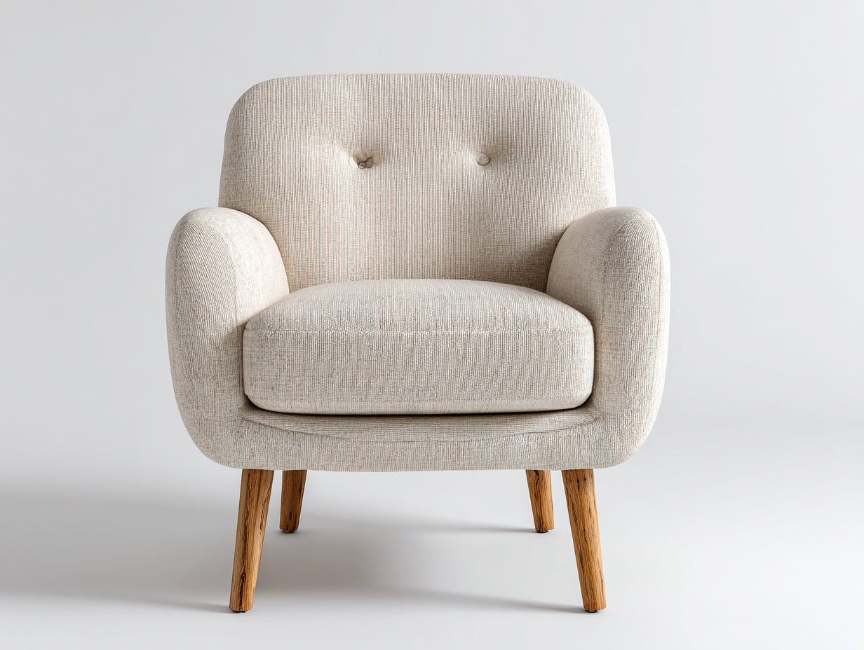 Fauteuil en tissu beige avec pieds en bois naturel 82x78x86 cm - Dossier capitonné style scandinave