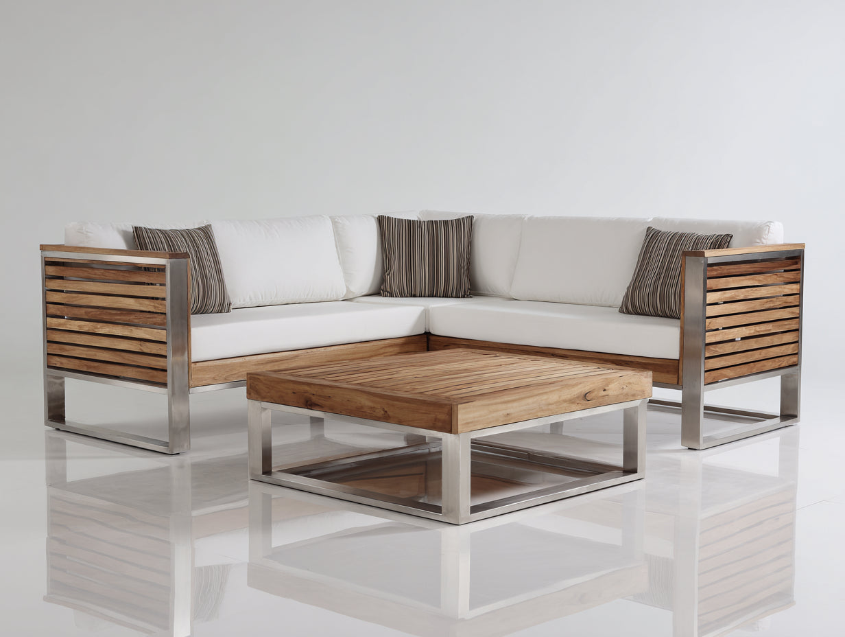 Canapé de jardin bois et métal 260x260x72 cm - bois naturel et blanc - avec table basse