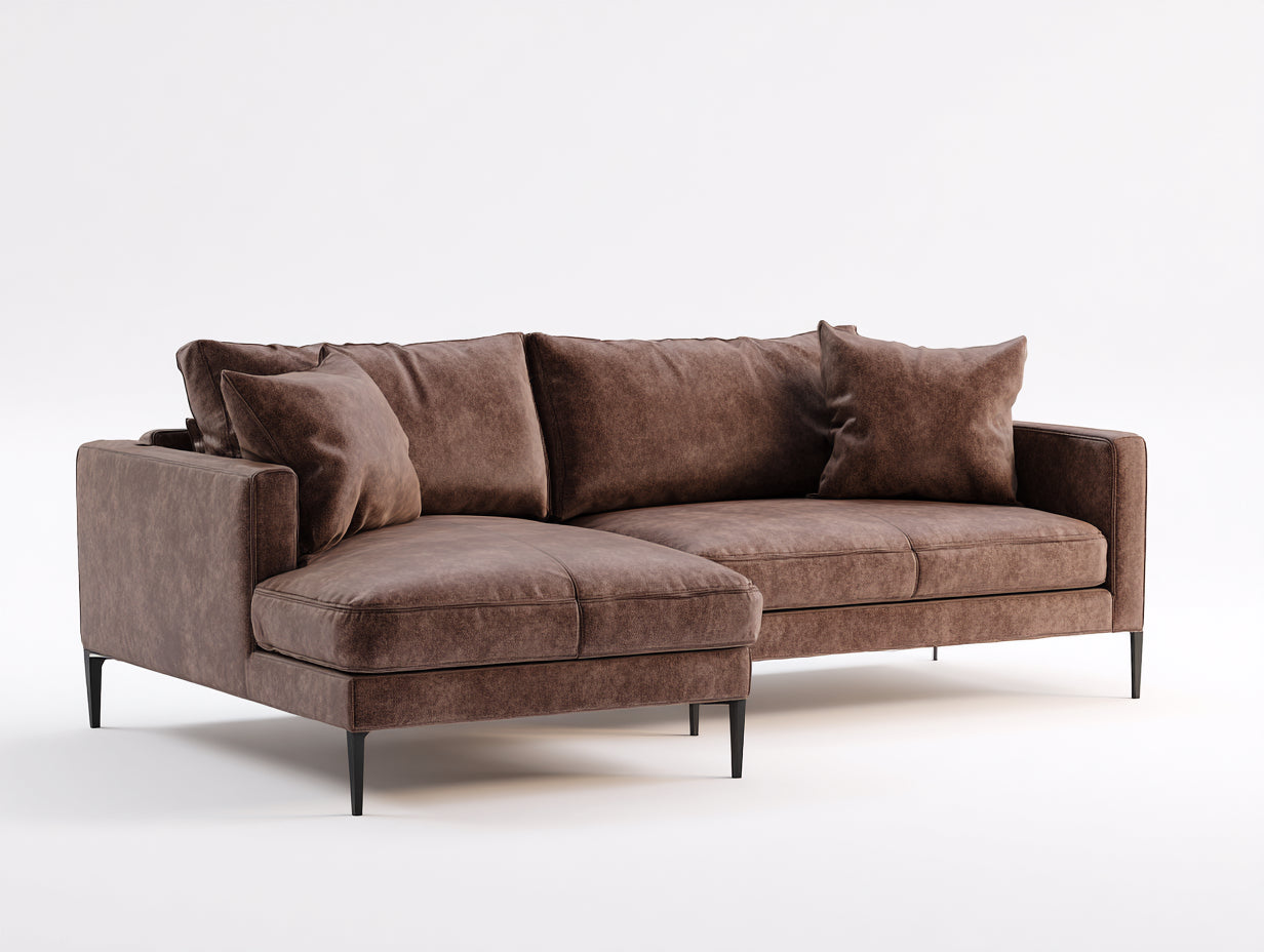 Canapé d'angle en tissu effet velours brun 260x160x85 cm pour salon style contemporain avec méridienne