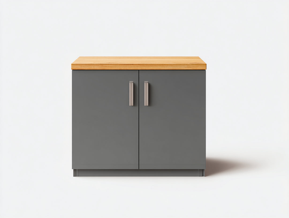 Buffet 90 x 40 x 85 cm panneaux effet bois 2 portes gris foncé plateau bois naturel pour salle à manger
