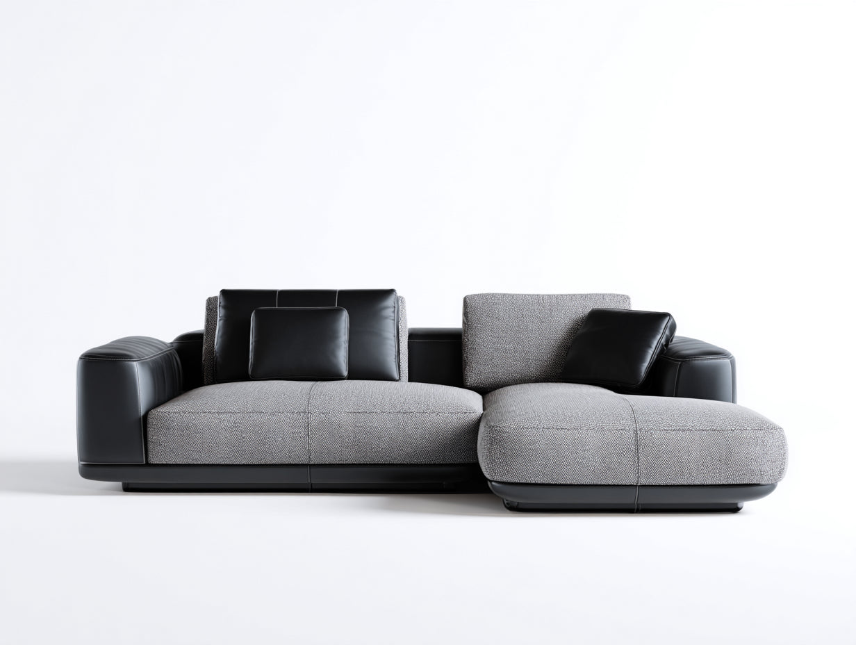 Canapé d'angle 280 x 165 x 78 cm tissu gris clair simili cuir noir méridienne pour salon