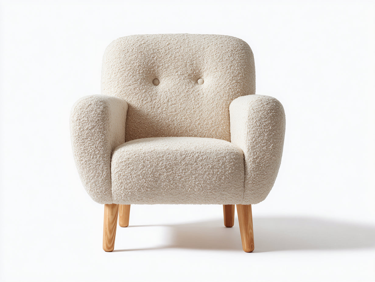 Fauteuil en tissu bouclé 88x78x82 cm - écru et bois naturel - accoudoirs arrondis