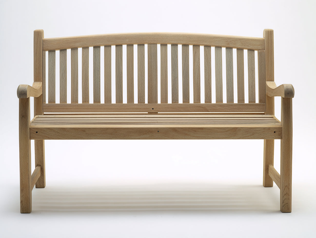 Banc de jardin 150 x 60 x 90 cm bois naturel dossier à lattes verticales accoudoirs arrondis pour extérieur