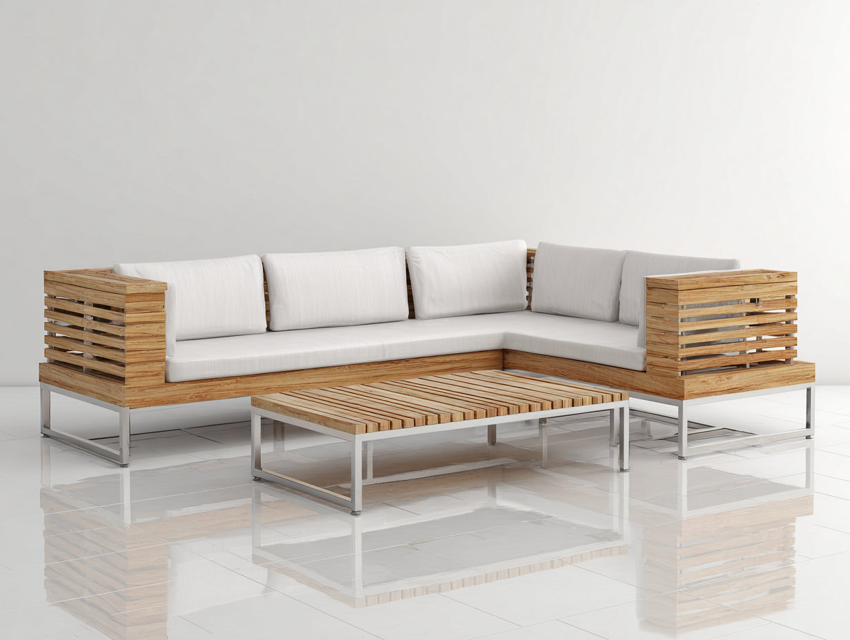 Canapé de jardin 260 x 200 x 72 cm bois naturel structure métal blanc table basse pour terrasse