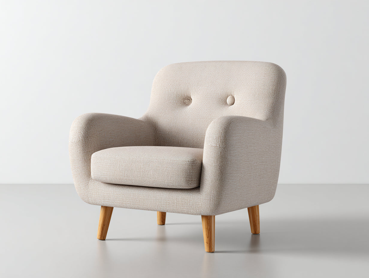 Fauteuil en tissu texturé beige 76x72x82 cm pour salon style rétro avec pieds en bois