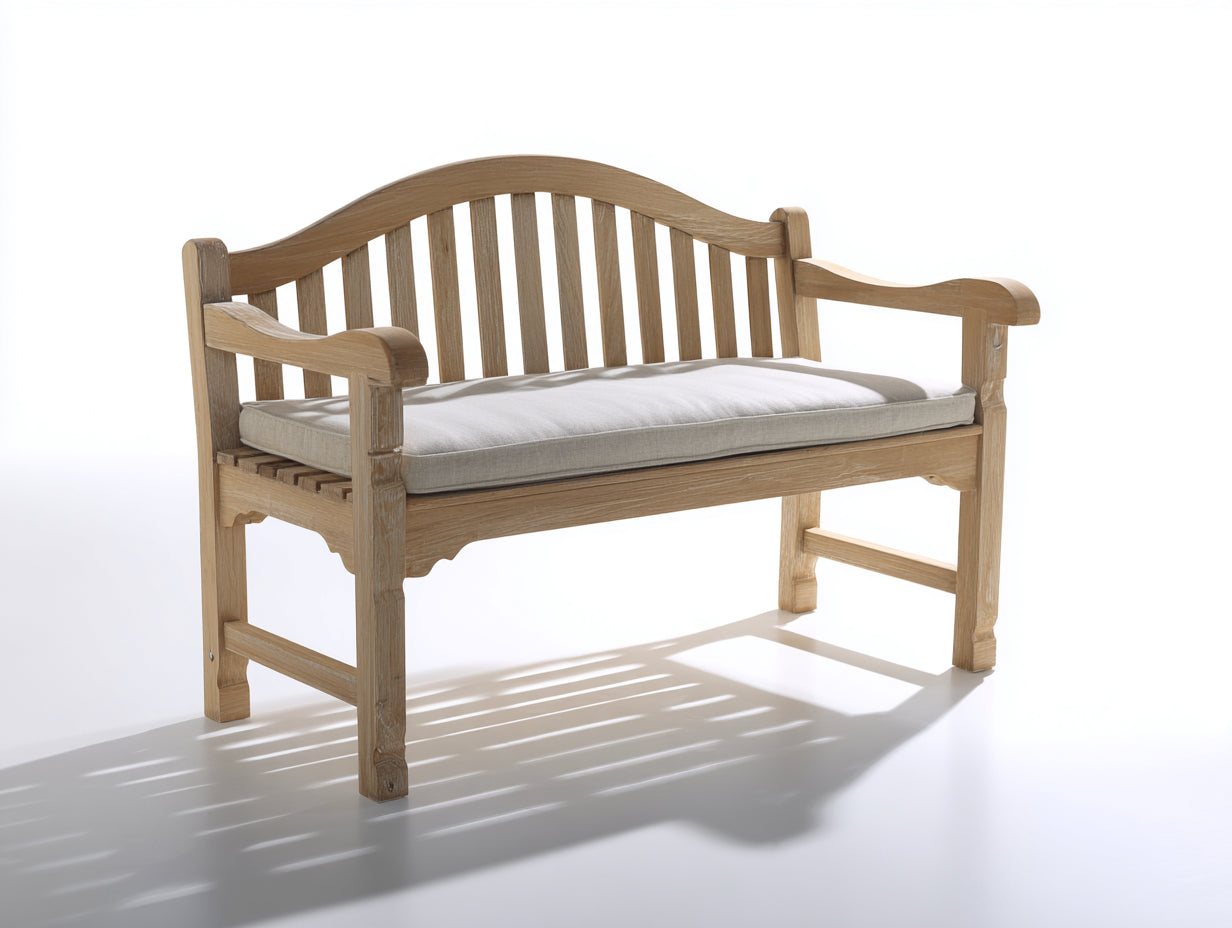 Banc de jardin en bois 145x58x88 cm - bois naturel et gris clair - dossier incurvé avec coussin