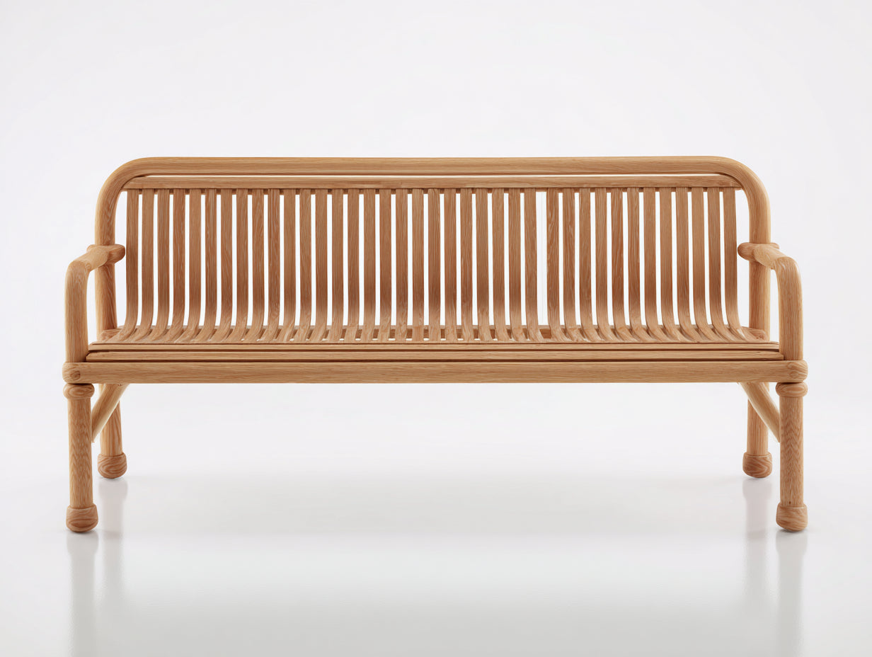 Banc de jardin 165 x 60 x 86 cm bois naturel dossier à lattes verticales accoudoirs arrondis pour extérieur