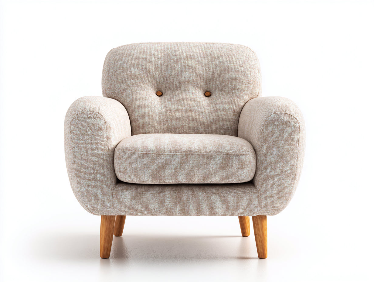 Fauteuil en tissu texturé 88x78x84 cm - beige et bois naturel - dossier capitonné