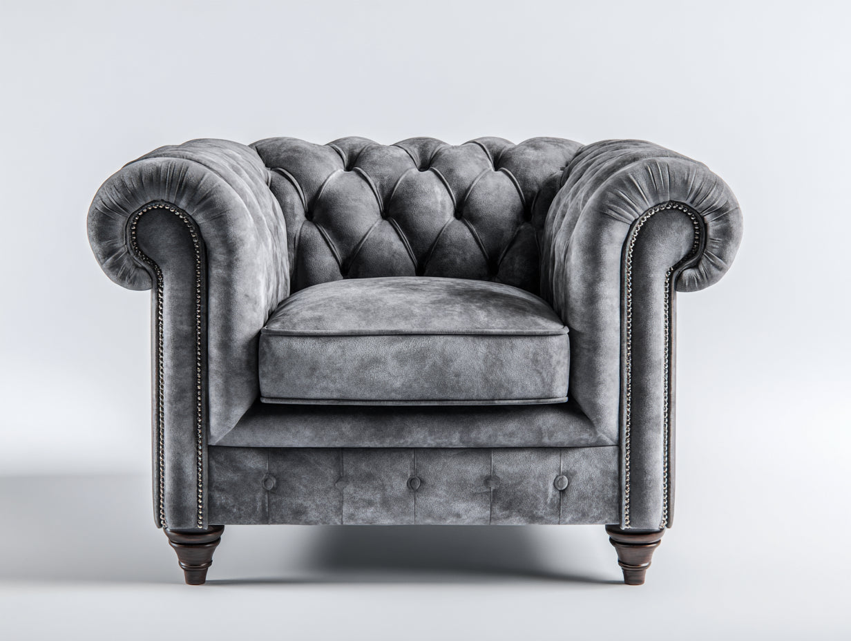 Fauteuil en tissu velours capitonné 110x95x78 cm - gris foncé-bois foncé-argent - salon style Chesterfield