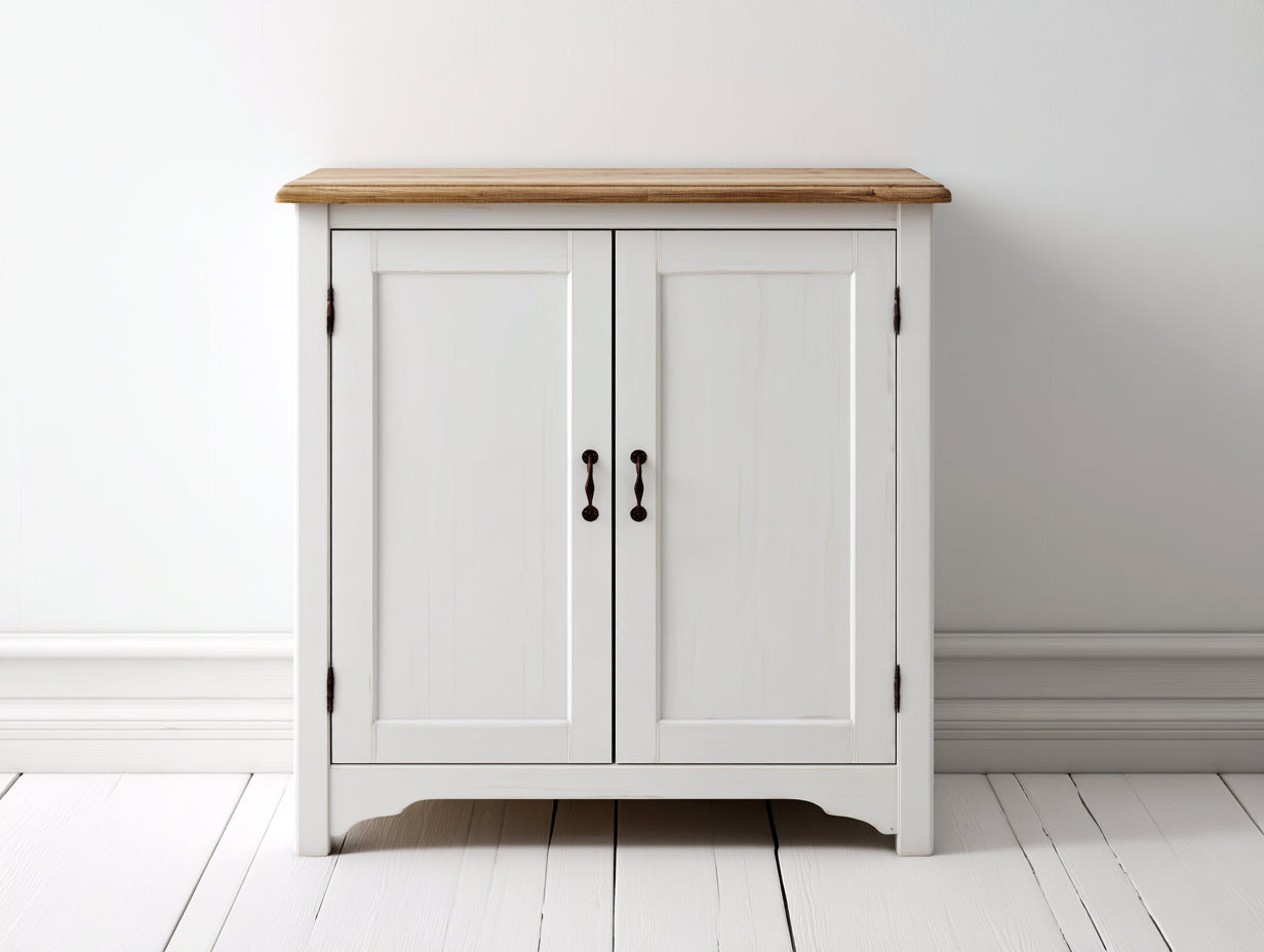 Buffet en bois MDF blanc avec plateau bois naturel 90x40x85 cm - 2 portes style campagne moderne