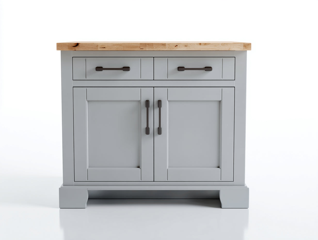 Buffet 100 x 40 x 90 cm panneaux effet bois 2 portes 2 tiroirs gris clair plateau bois naturel pour salle à manger