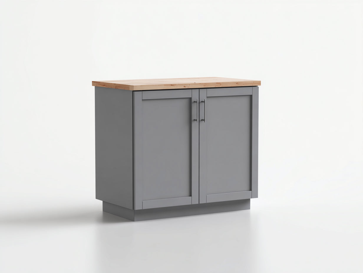 Buffet en bois MDF gris avec plateau bois naturel 90x45x85 cm - 2 portes style moderne