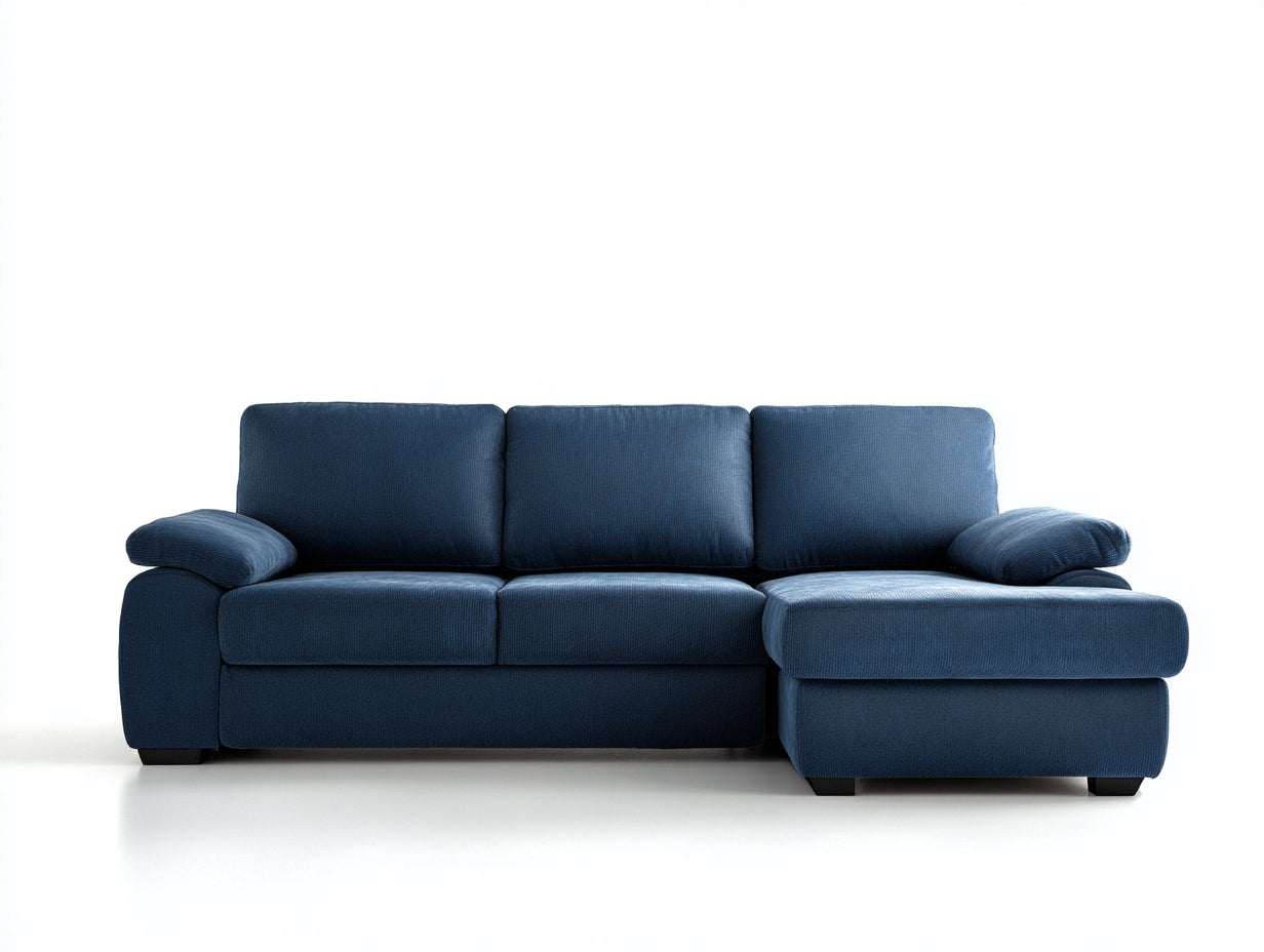 Canapé d'angle en tissu bleu 245x155x82 cm pour salon style moderne avec méridienne