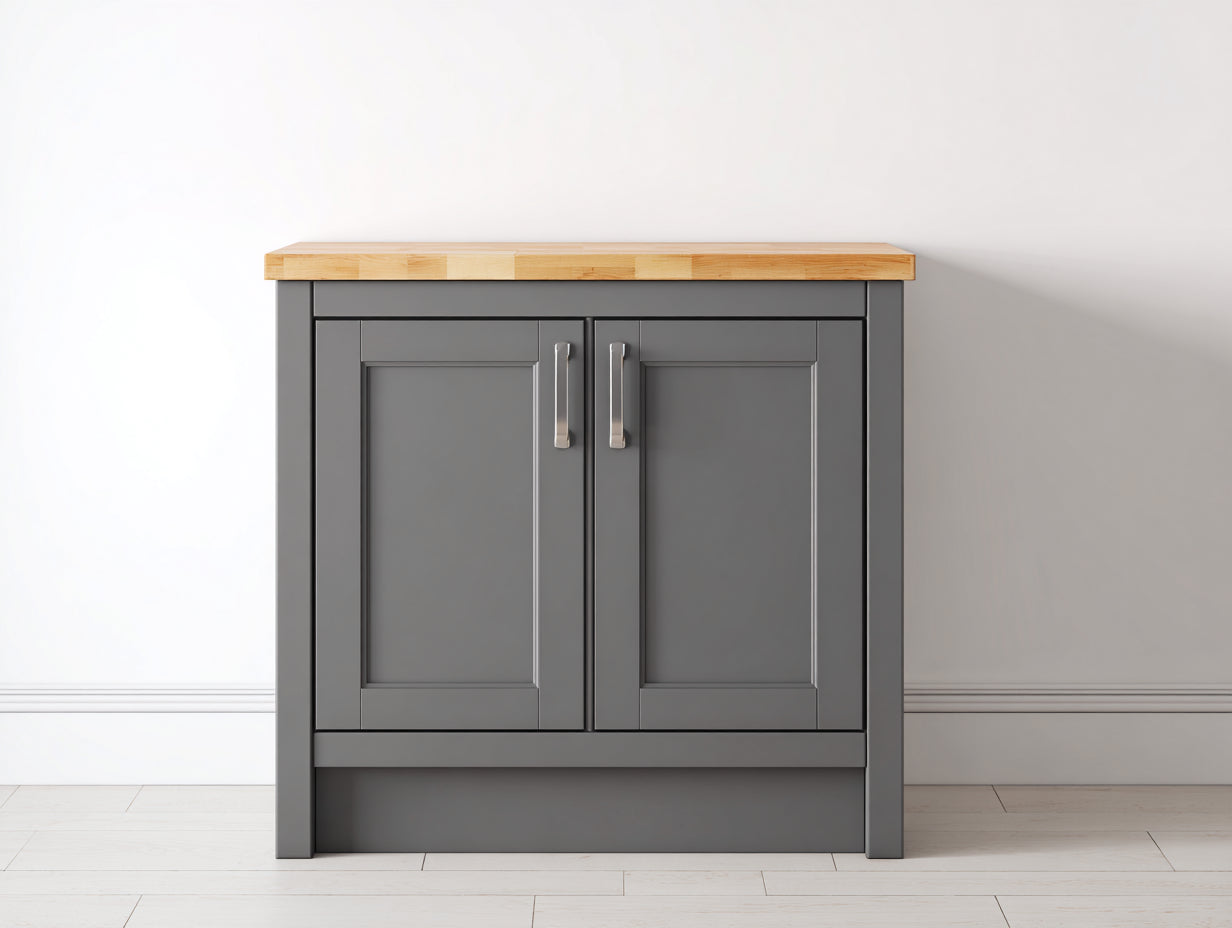 Buffet 85 x 38 x 85 cm panneaux effet bois 2 portes gris foncé plateau bois naturel pour salle à manger